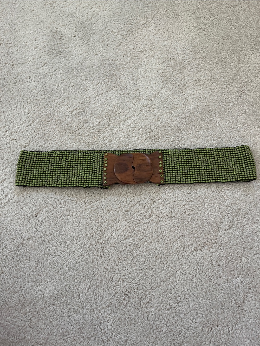 Beaded Olive Green Stretch Waist Belt with Wooden Buckle